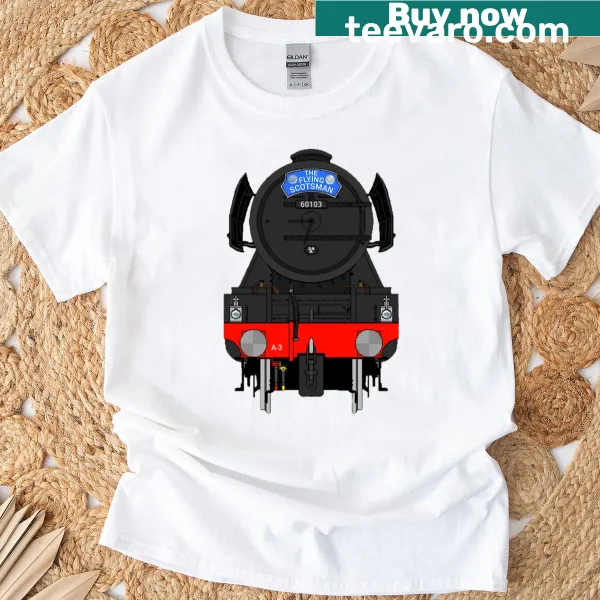 Realistic illustration of the Flying Scotsman locomotive on t-shirt