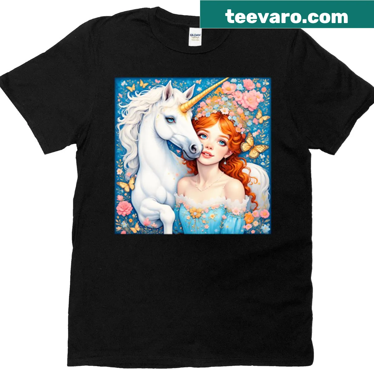 Whimsical illustration of a girl with a unicorn on a t-shirt — on a men's t-shirt