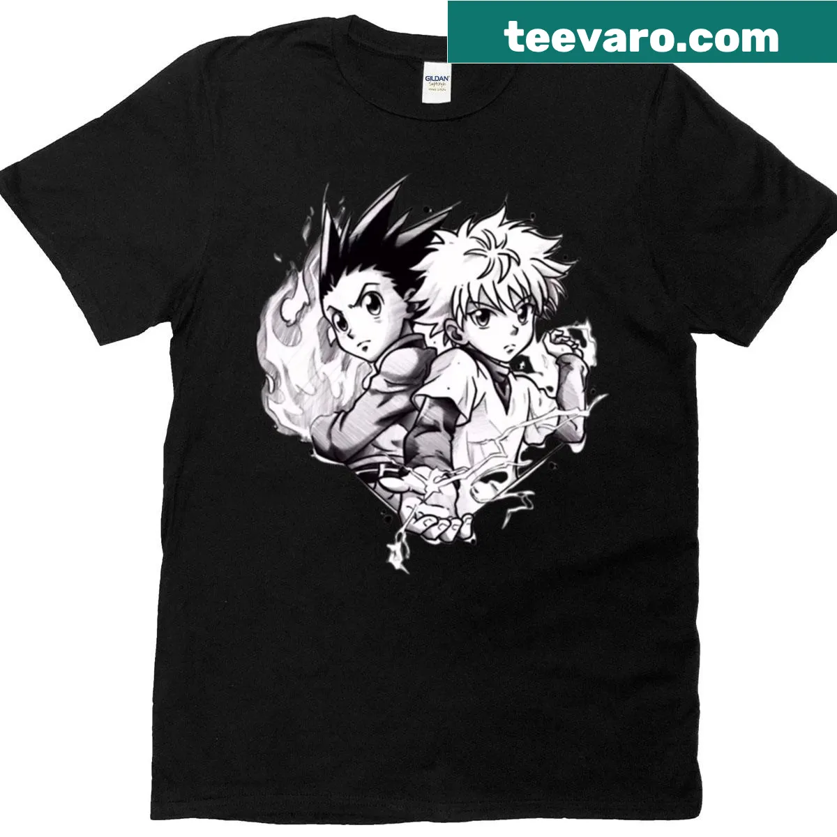 Illustration of two hunters on The Hunter Duo T-shirt — on a men's t-shirt