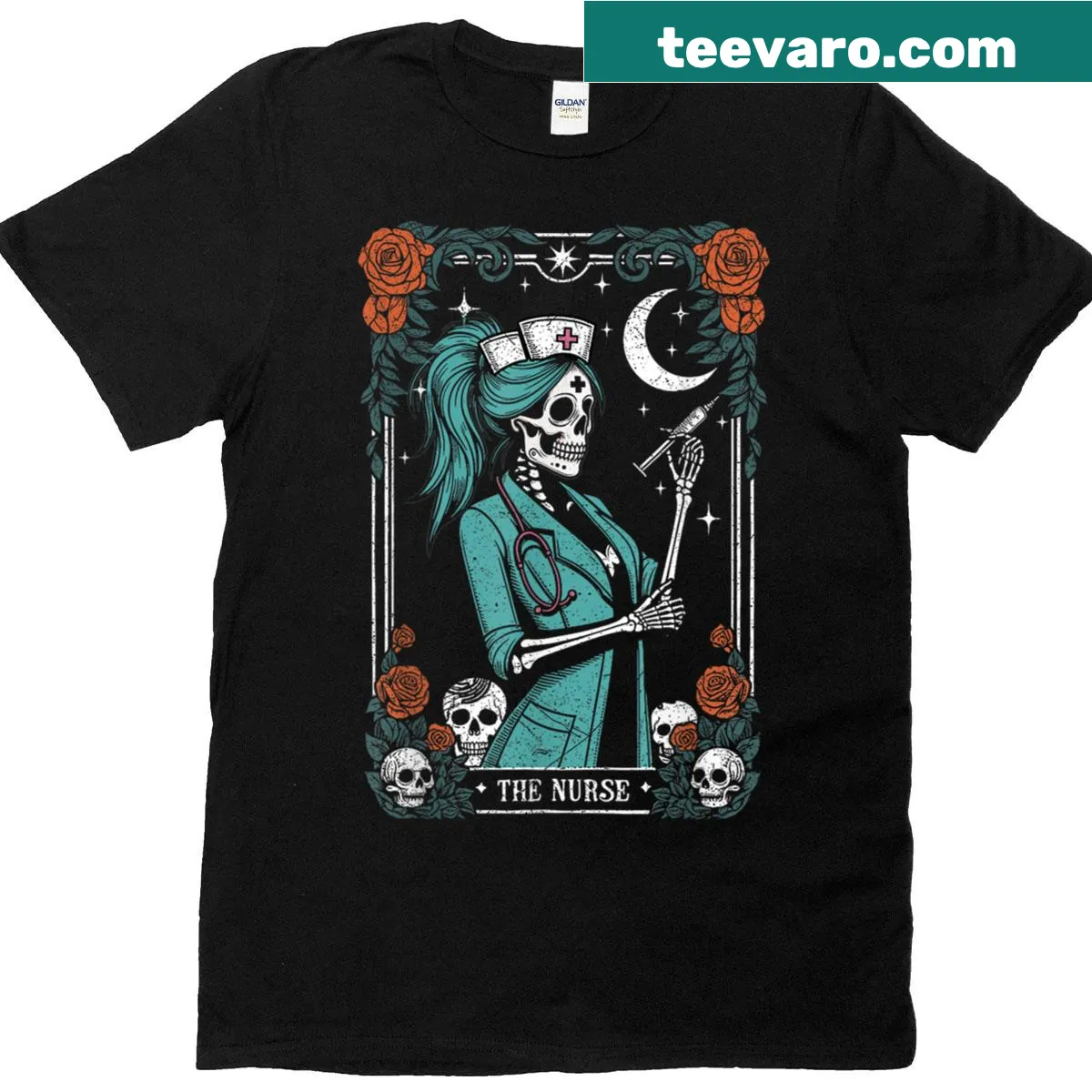 Skeleton nurse tarot card design on Halloween t-shirt — on a men's t-shirt