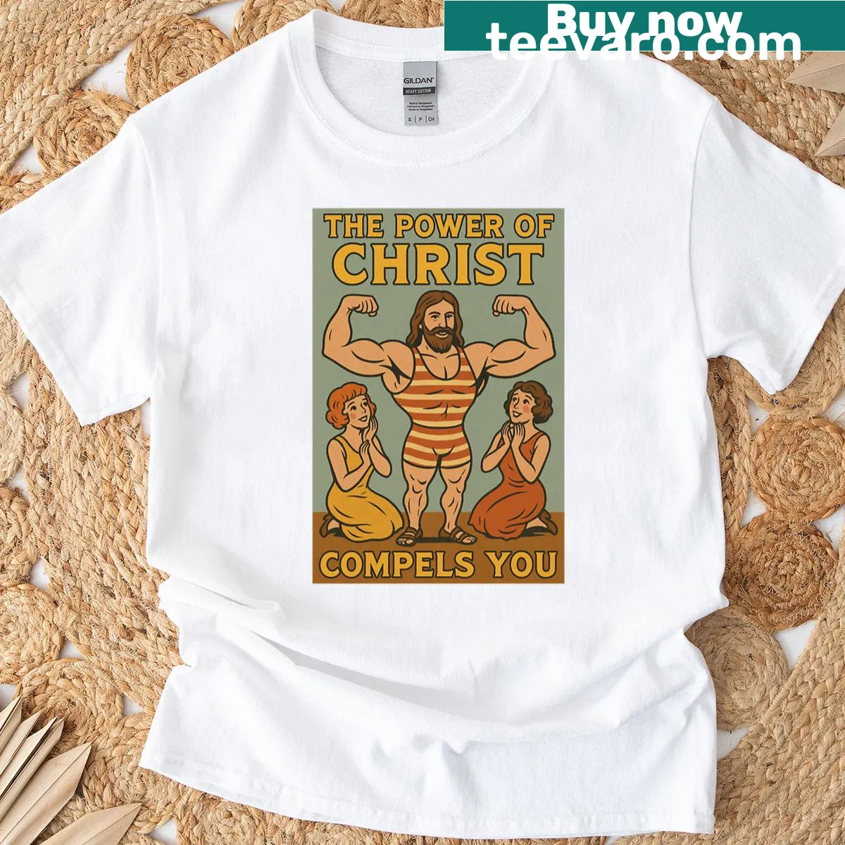 Graphic t-shirt with bold text 'The Power of Christ Compels You' — on a men's t-shirt