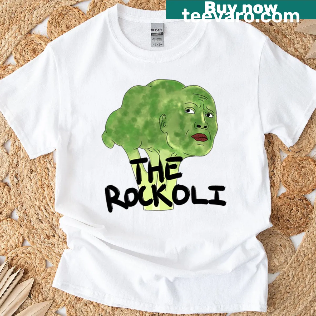T-shirt featuring a whimsical Rockoli blend of broccoli and rock music. — on a men's t-shirt
