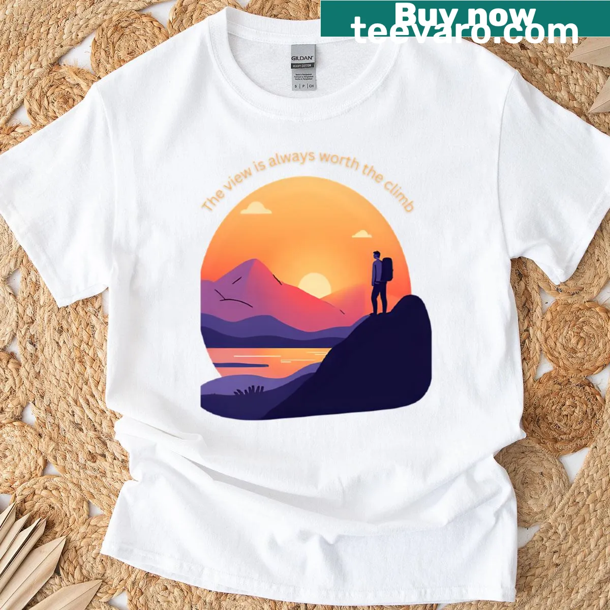 Inspirational T-shirt with hand-lettered text about climbing and scenic views — on a men's t-shirt