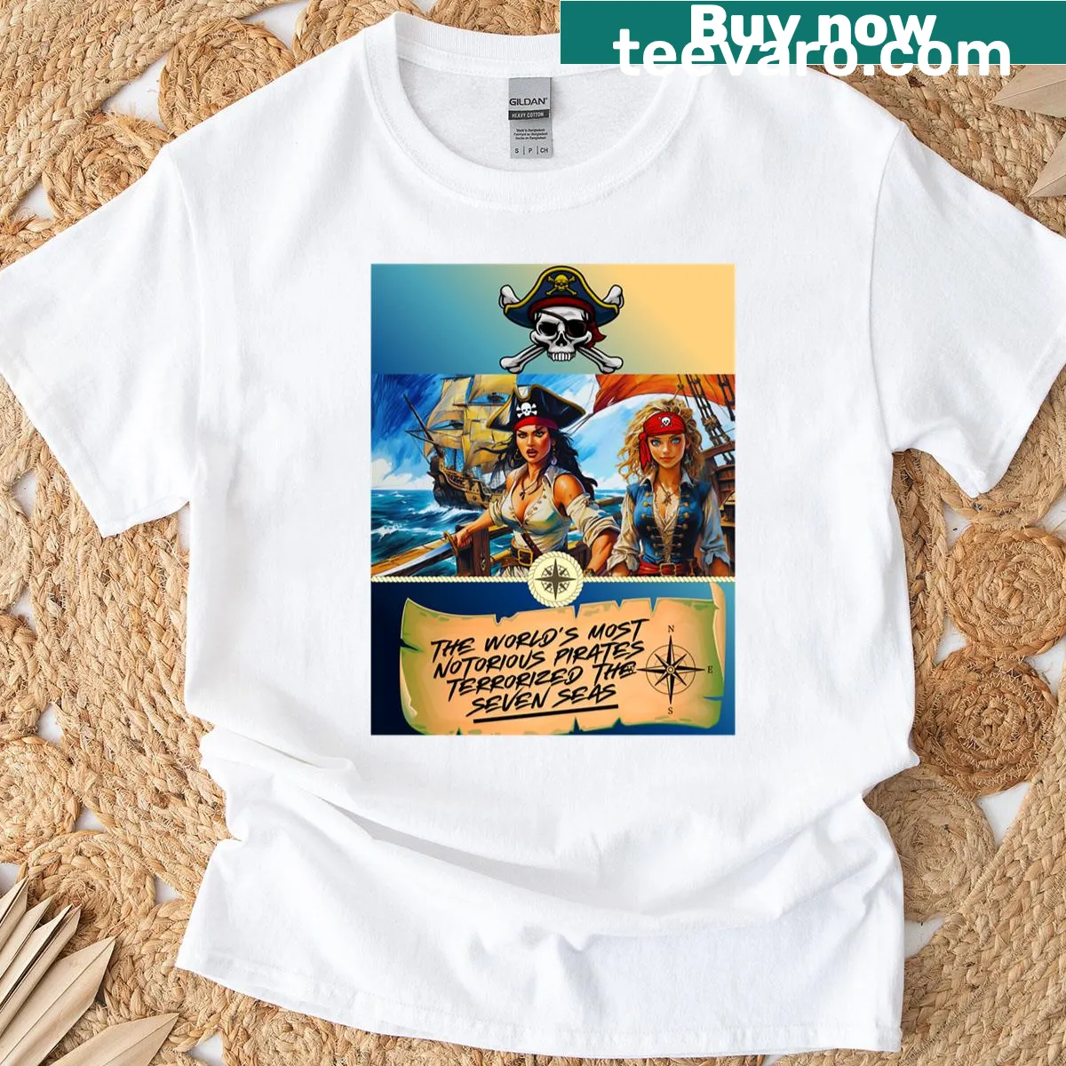 Vintage-style T-shirt featuring a design of notorious pirates and high seas adventure — on a men's t-shirt