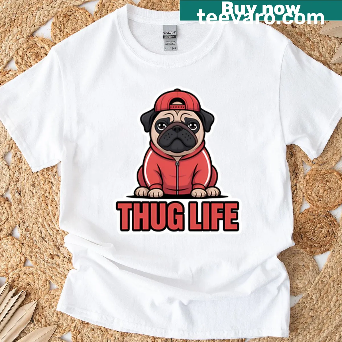 Cartoon pug with sunglasses and 'Thug Life' text on t-shirt — on a men's t-shirt