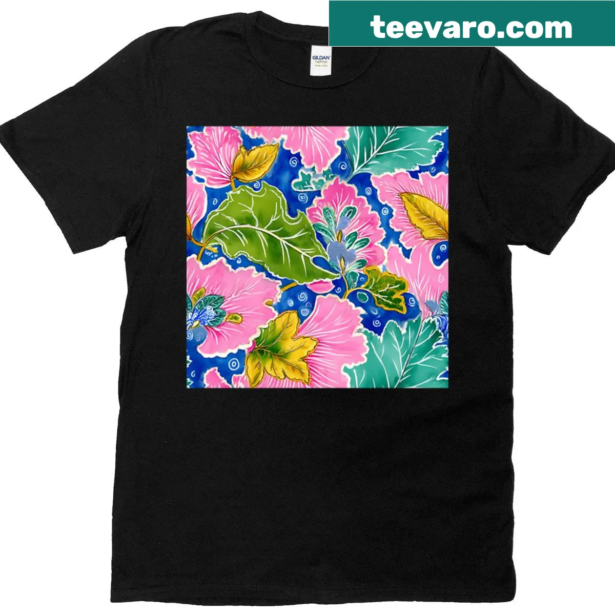 Watercolor painting of tobacco leaves and flowers on T-shirt — on a men's t-shirt