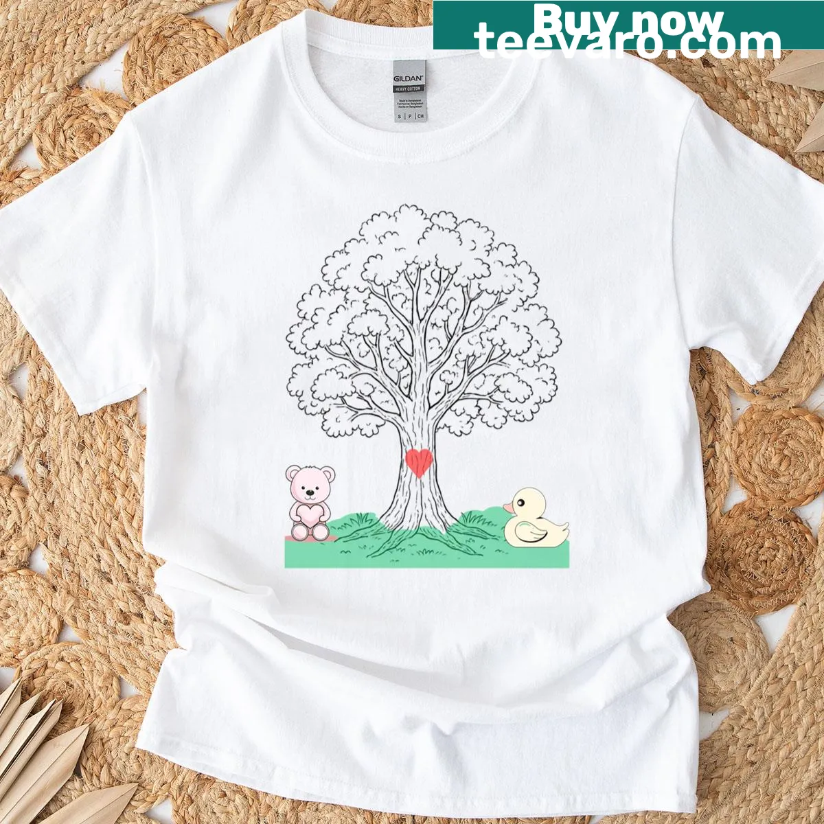 Illustrated t-shirt with a tree, duck, and bear graphic — on a men's t-shirt
