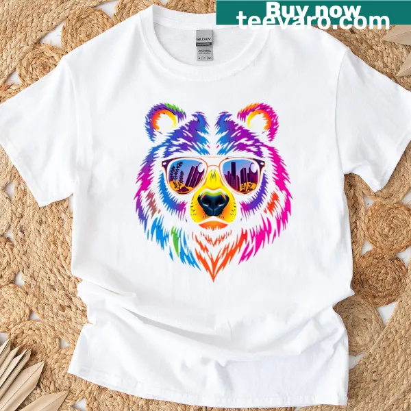 Bear wearing trendy sunglasses illustrated on graphic t-shirt
