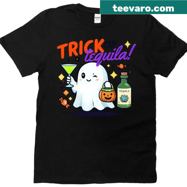 Whimsical ghost holding tequila with a playful expression on a t-shirt