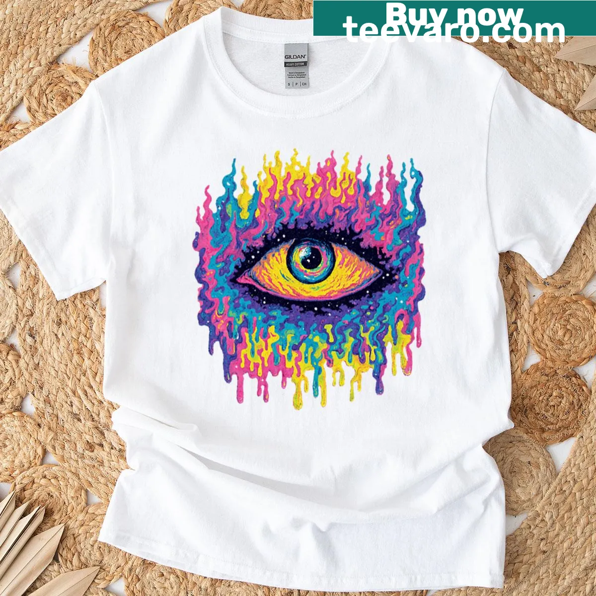 Psychedelic third eye graphic on a surreal-themed T-shirt — on a men's t-shirt