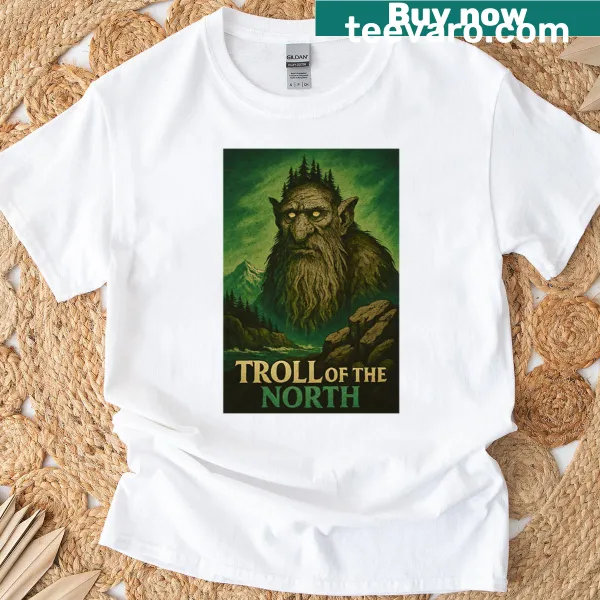 Whimsical troll graphic on a nature-themed T-shirt