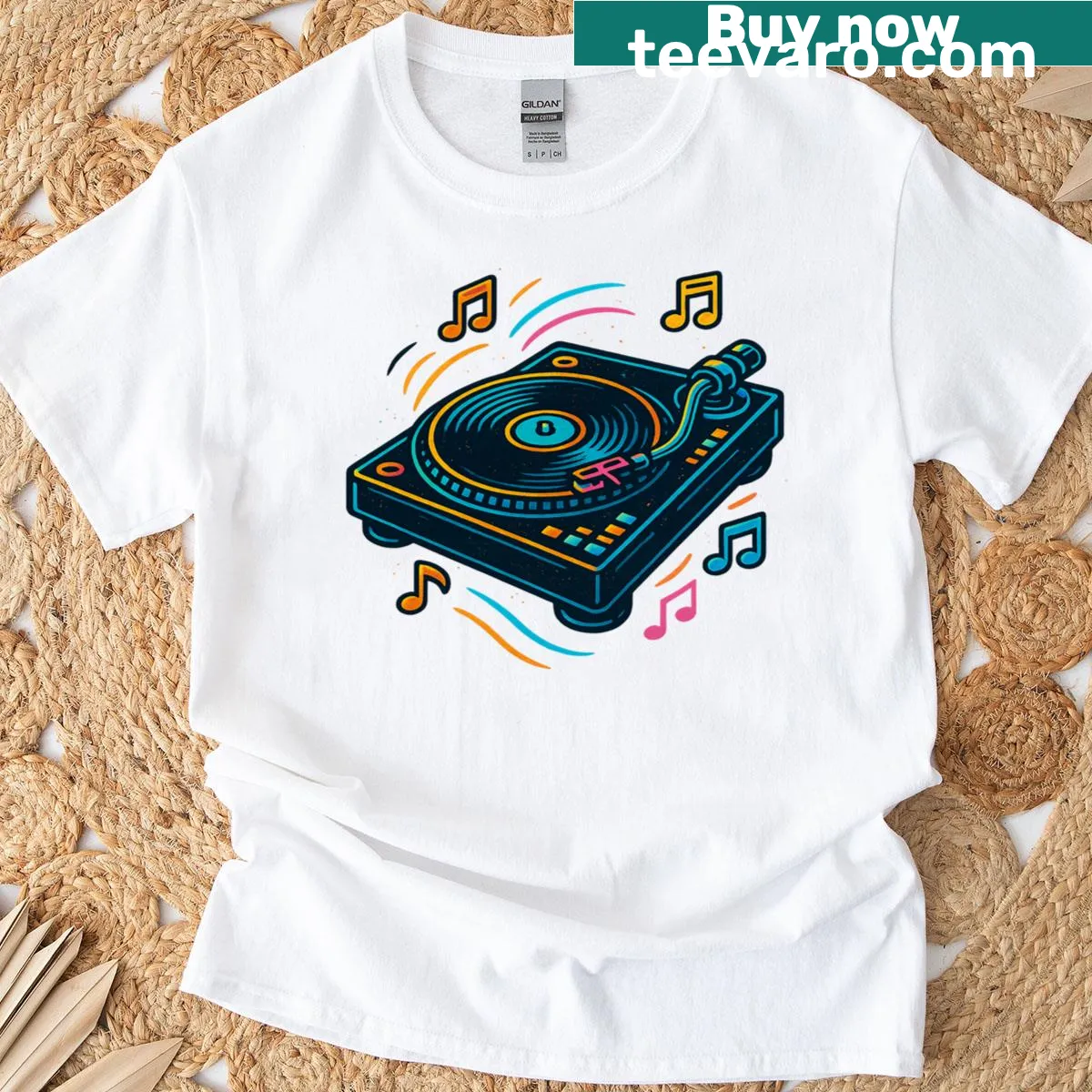 Cartoon-style T-shirt showcasing a turntable and music vibe — on a men's t-shirt