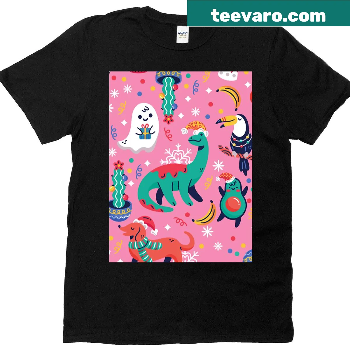 Ugly Christmas t-shirt with dinosaur, avocado, cupcake, and cactus graphics — on a men's t-shirt