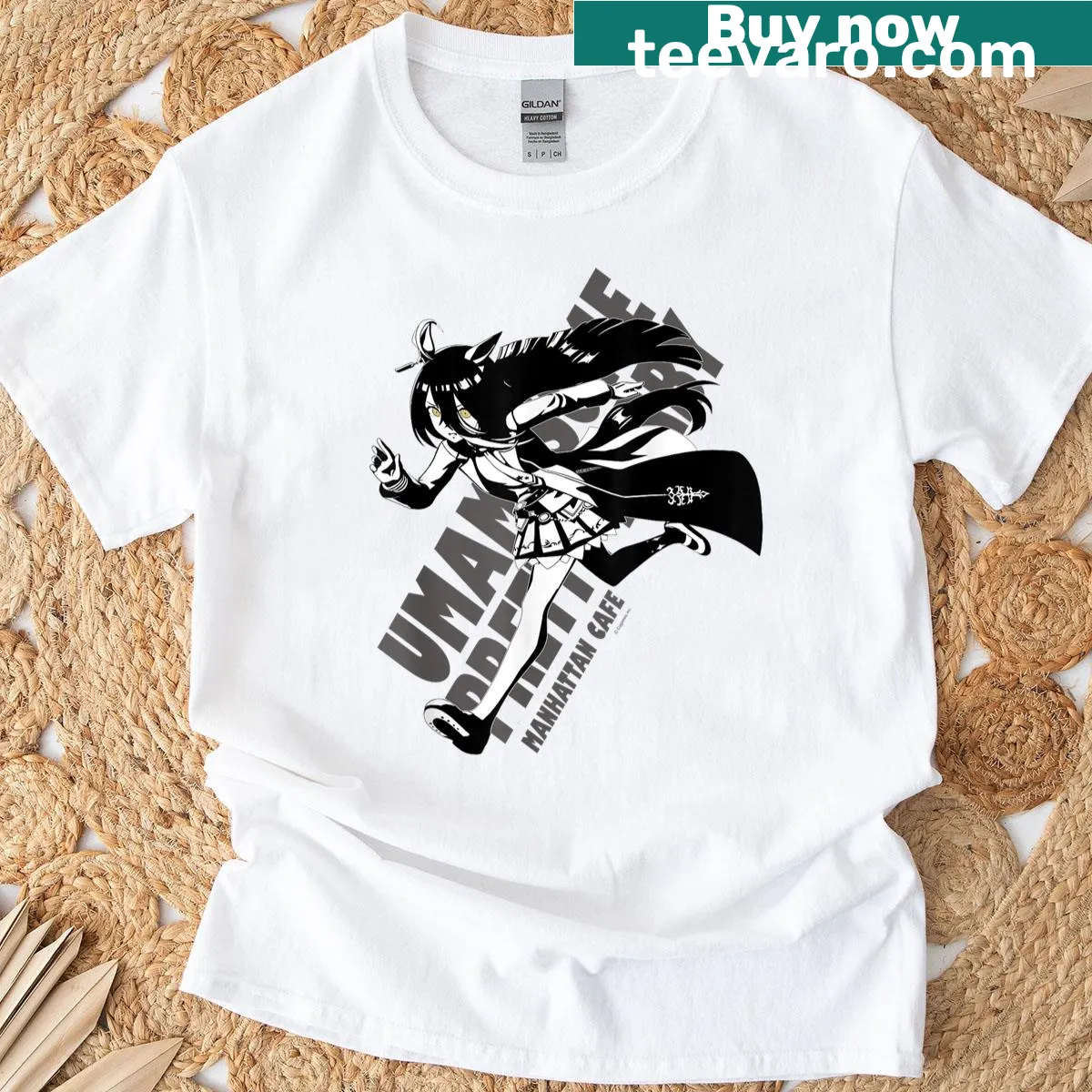 Whimsical anime design featuring horse-girls at a cafe on t-shirt — on a men's t-shirt