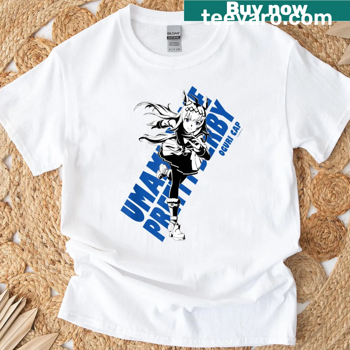 Cartoon design of Umamusume character Oguri Cap on T-shirt — on a men's t-shirt