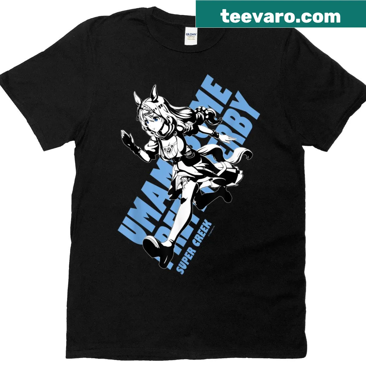 Cartoon design of Super Creek from Umamusume series on T-shirt — on a men's t-shirt