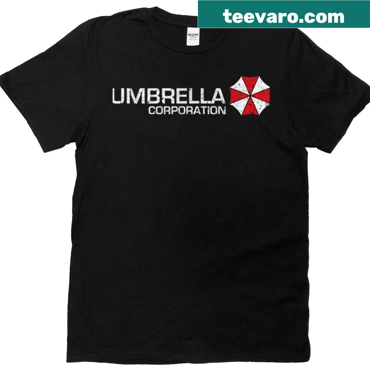 Umbrella Corporation logo t-shirt featuring an iconic red and white design — on a men's t-shirt