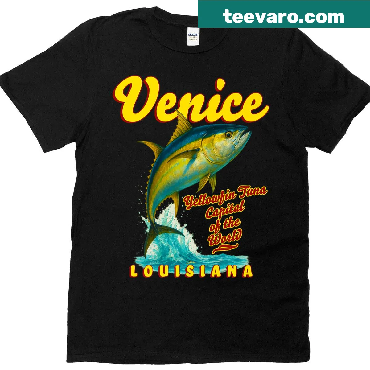 Yellowfin tuna fishing t-shirt for enthusiasts — on a men's t-shirt