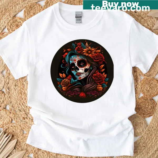 Art t-shirt featuring a floral sugar skull woman design