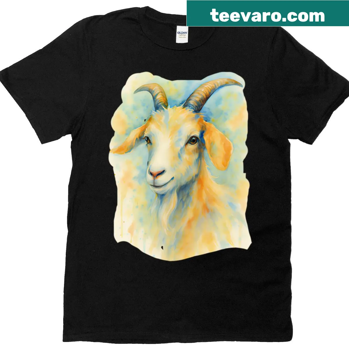 Illustrated goat t-shirt in colorful design — on a men's t-shirt