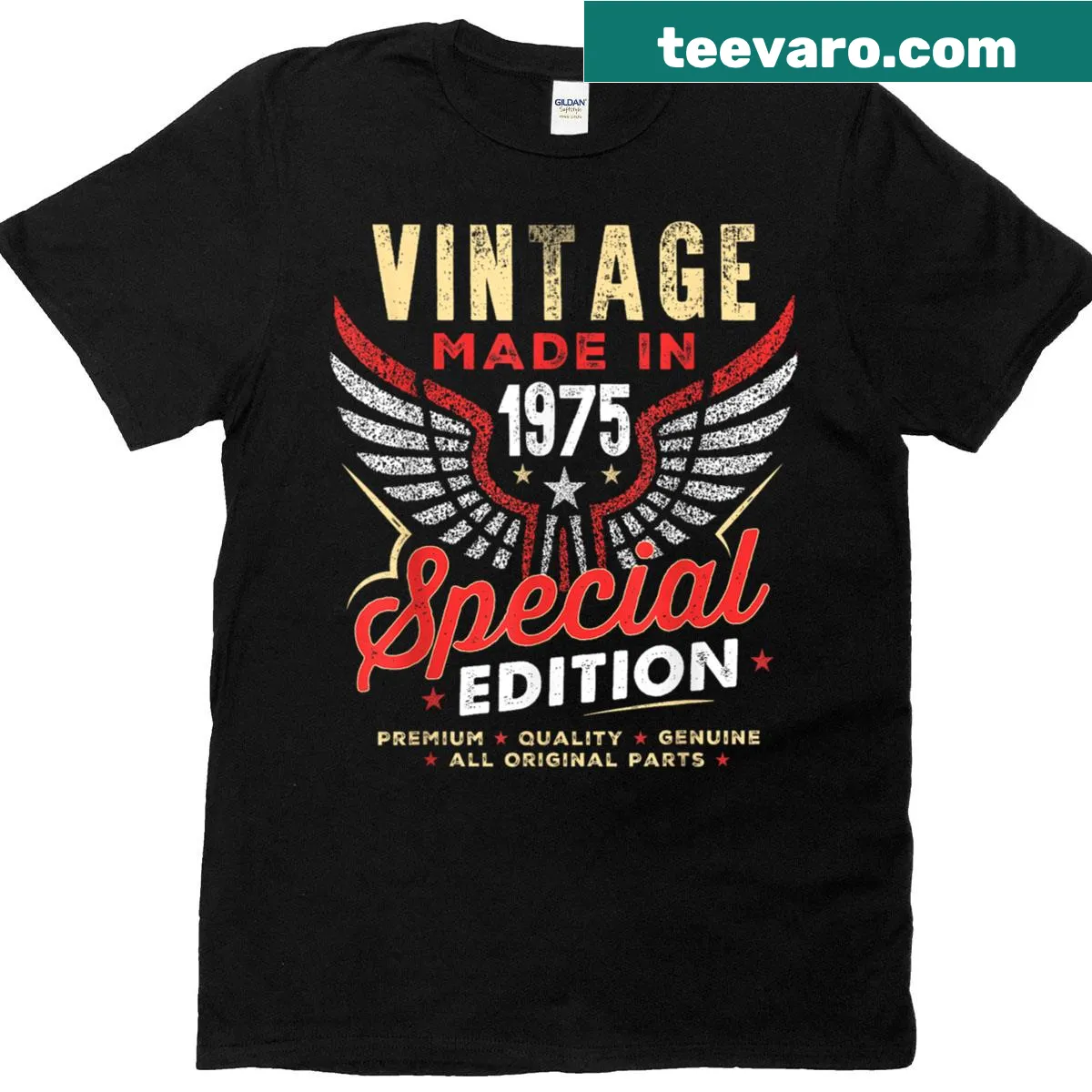 Vintage 1975 graphic T-shirt for 50th birthday celebration — on a men's t-shirt