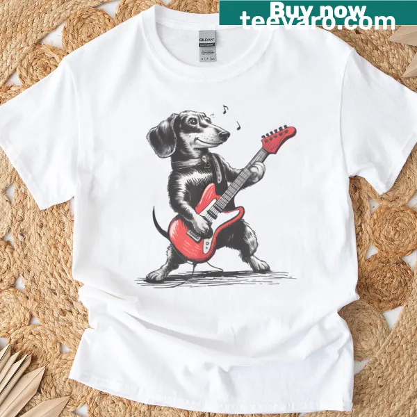 Vintage dachshund playing guitar illustrated t-shirt