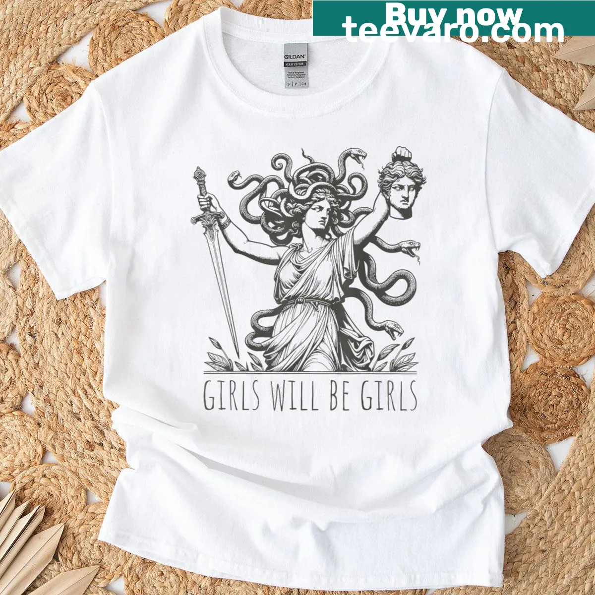 Vintage-style T-shirt featuring Medusa and feminist slogan — on a men's t-shirt