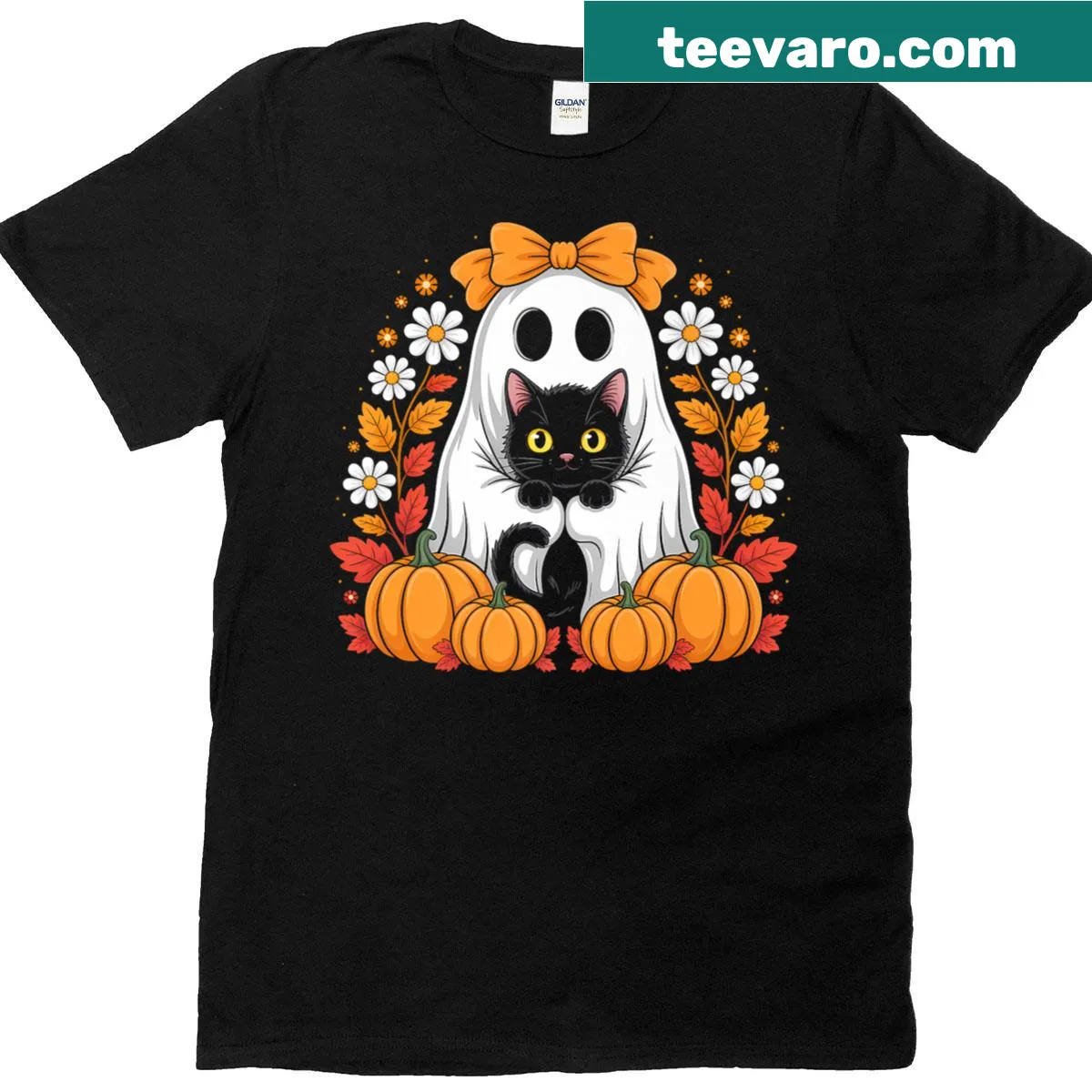 Vintage ghost holding a black cat design T-shirt for Halloween — on a men's t-shirt