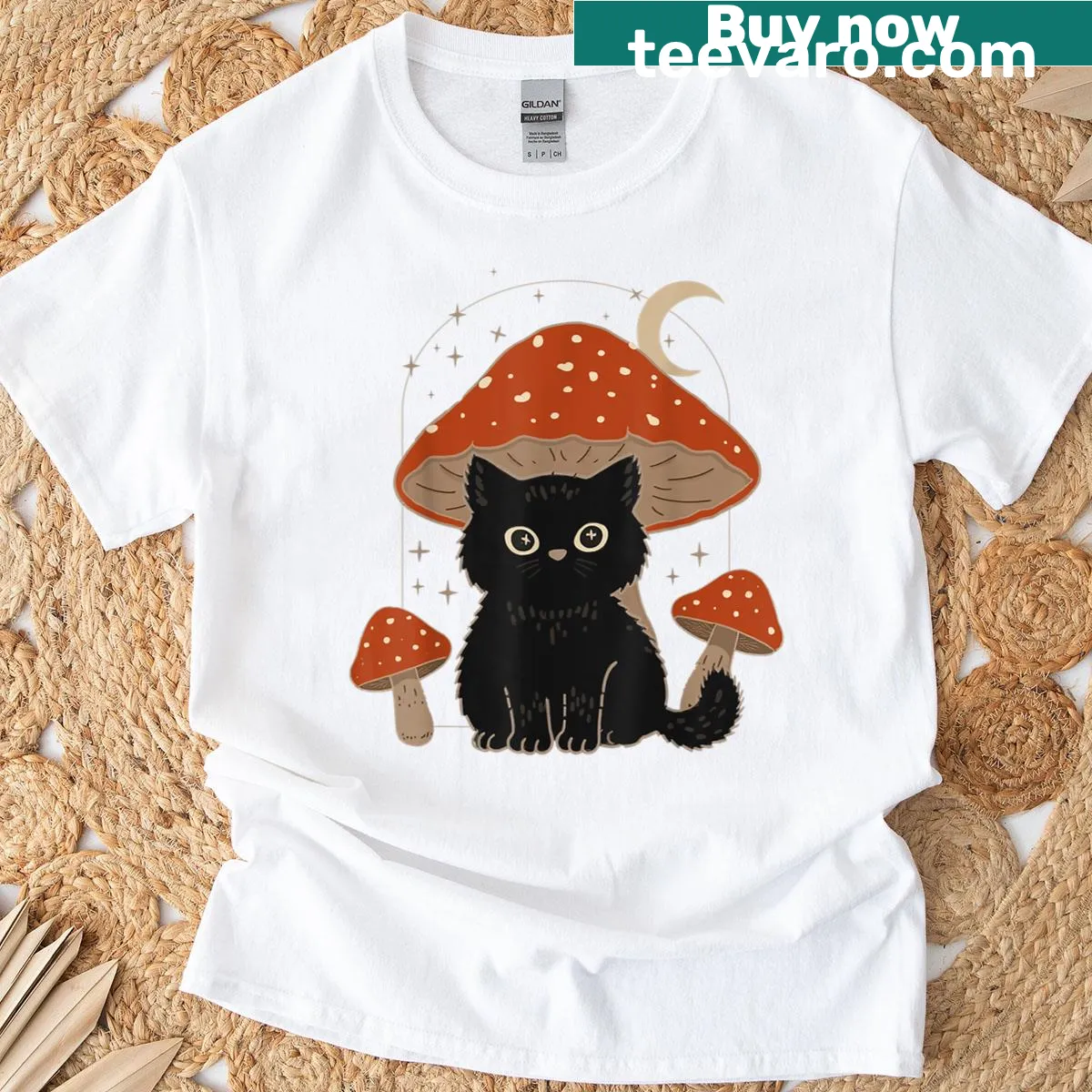 Vintage-style t-shirt featuring a black cat among mushrooms — on a men's t-shirt