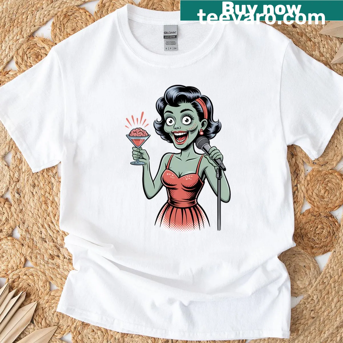 Vintage-style T-shirt featuring a zombie with a brain cocktail. — on a men's t-shirt