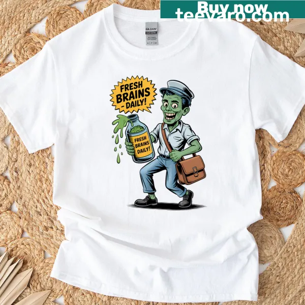 Vintage Zombie Postman T-shirt with cartoon graphic of zombie delivering brains