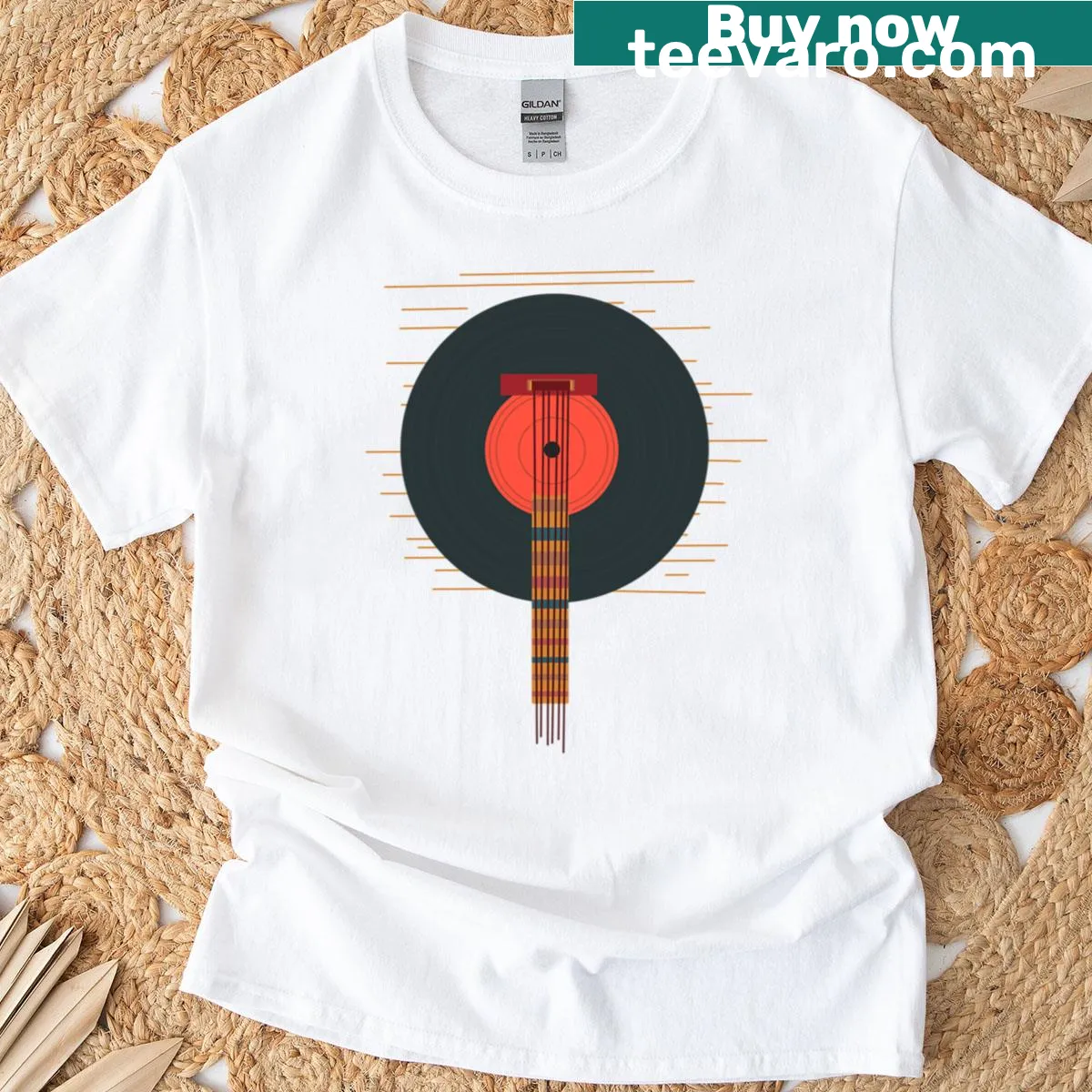 Illustration of a guitar neck with a vinyl record on a T-shirt. — on a men's t-shirt