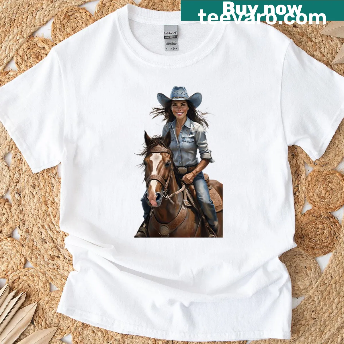 Illustration of a cowgirl riding a horse against a rustic background — on a men's t-shirt