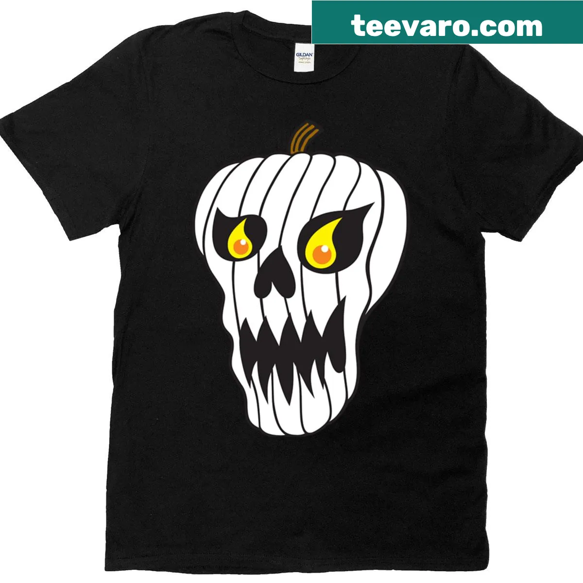 T-shirt featuring an illustration of a pumpkin skull design — on a men's t-shirt