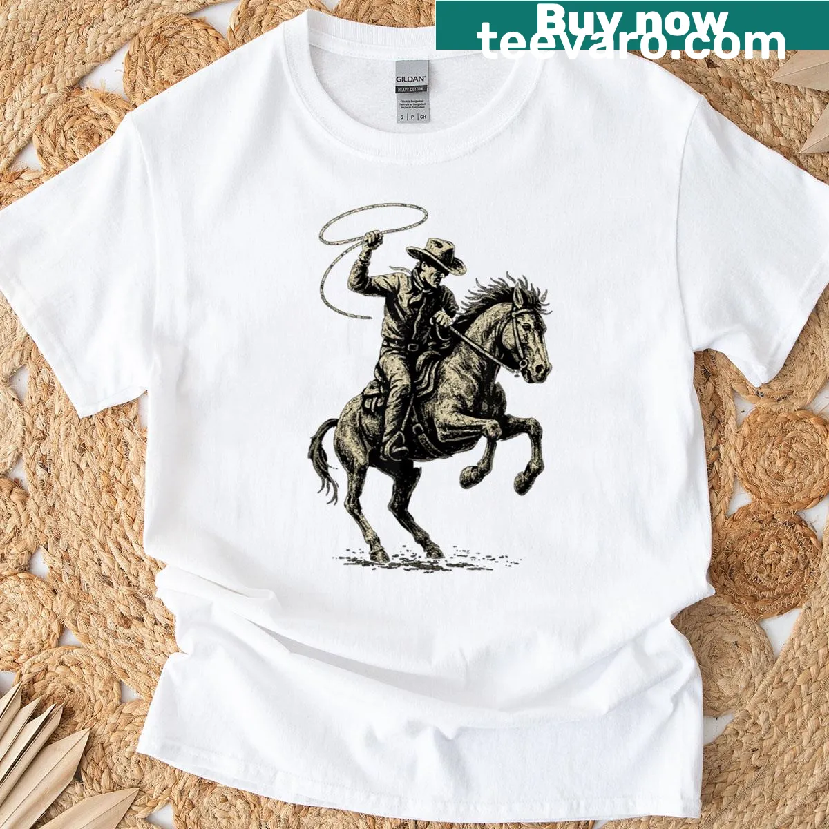 Artistic Wild West rodeo t-shirt featuring a cowboy and horse — on a men's t-shirt