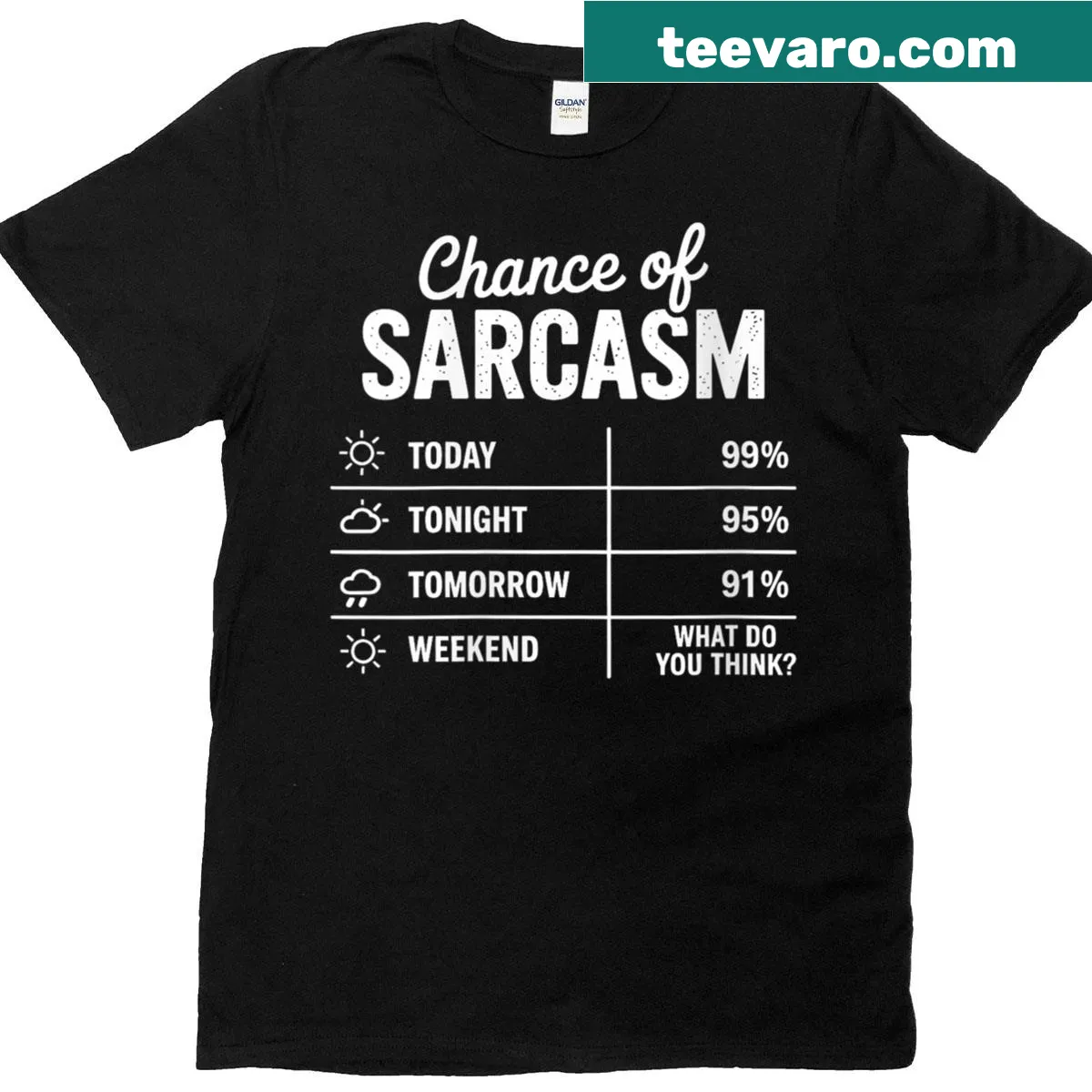 Funny weather forecast T-shirt with 'Chance Of Sarcasm' text. — on a men's t-shirt