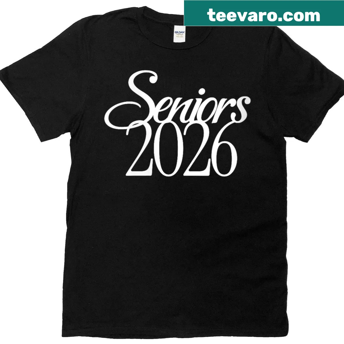 Stylish t-shirt featuring Class of 2026 in fancy script — on a men's t-shirt