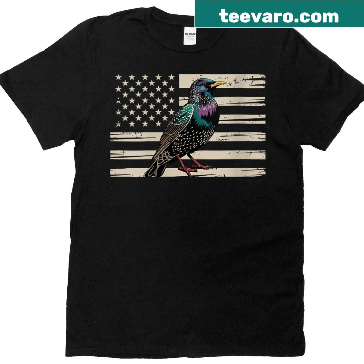 Illustration of a European Starling with an American flag background — on a men's t-shirt