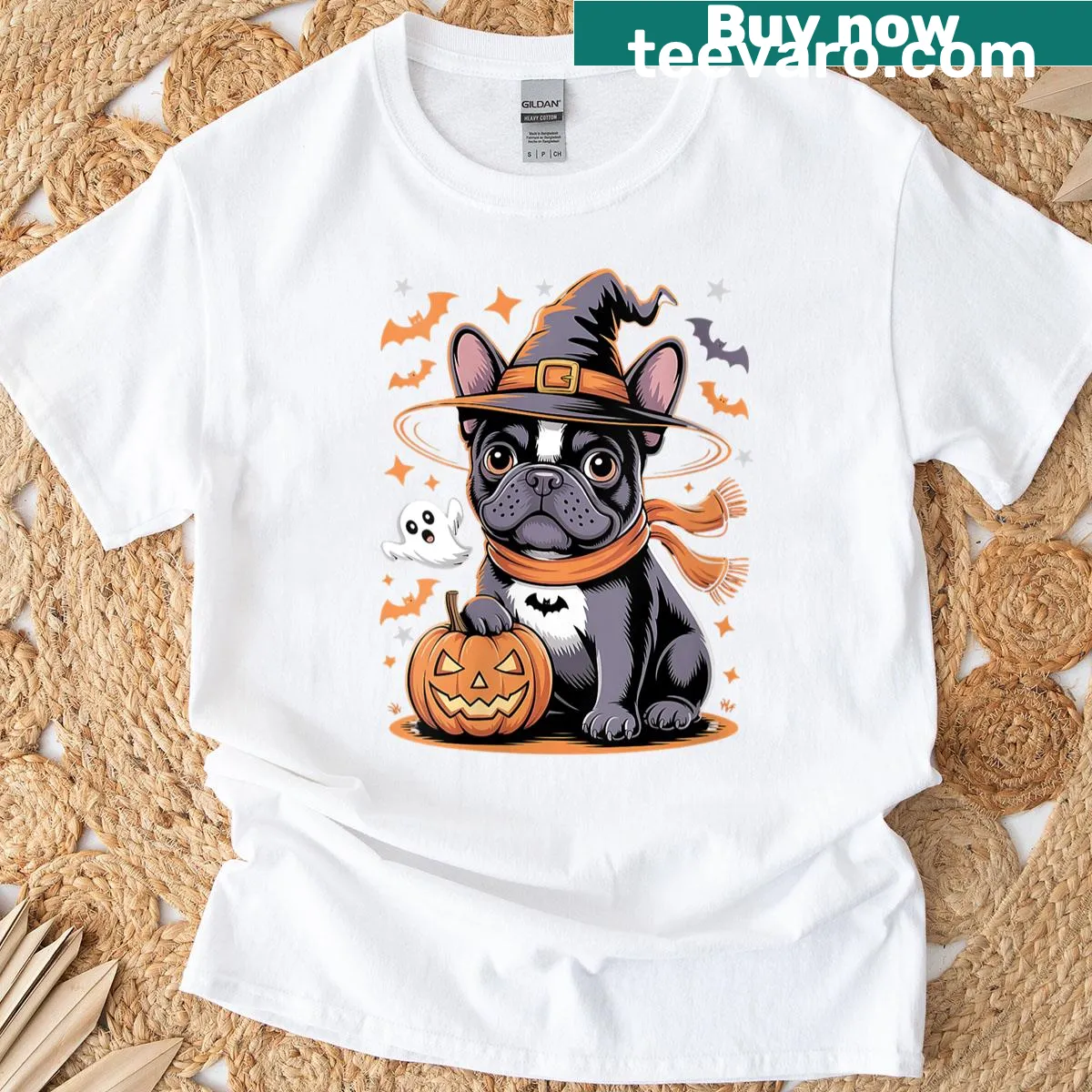 Funny Halloween t-shirt with a French Bulldog in a witch hat and pumpkins — on a men's t-shirt