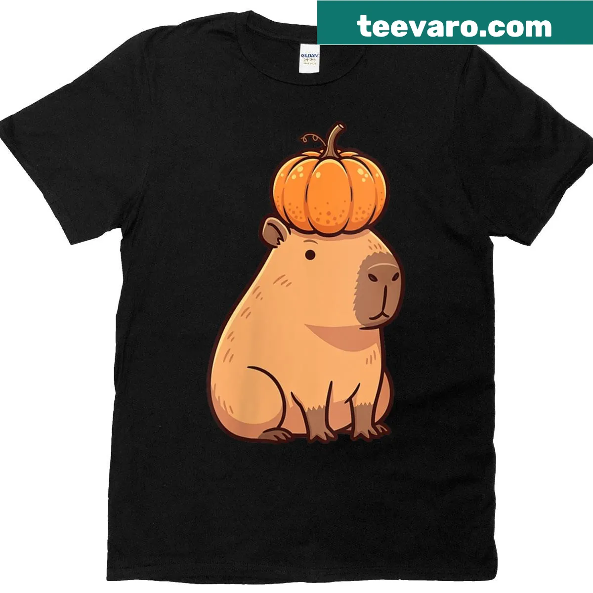 Whimsical capybara and pumpkin graphic for Halloween — on a men's t-shirt