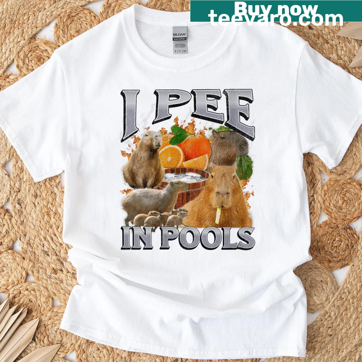 Funny capybara meme t-shirt with humorous saying about pools — on a men's t-shirt