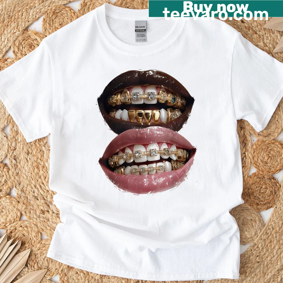 Vintage Y2K lips print graphic T-shirt for women — on a men's t-shirt