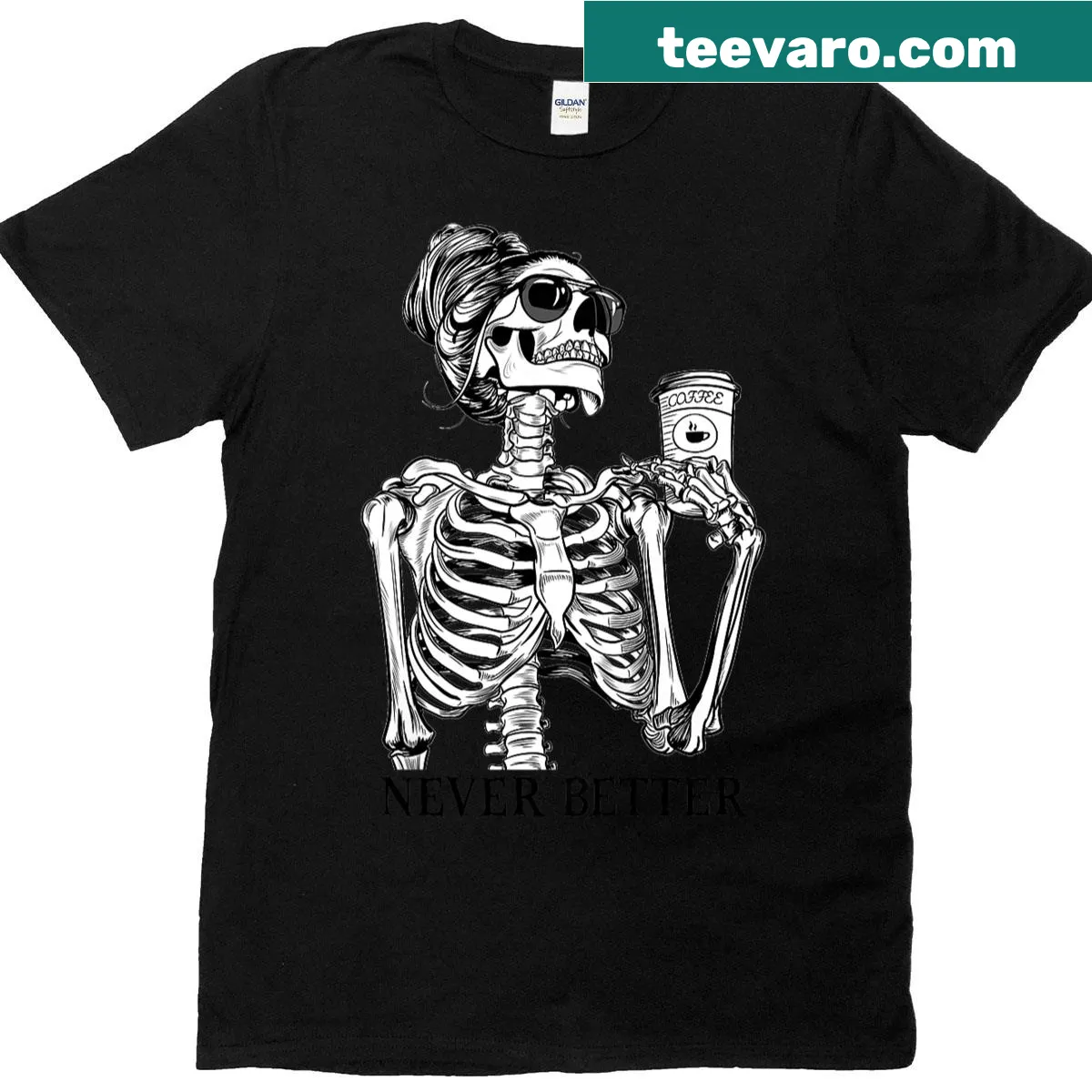 Skeleton with messy bun and coffee graphic for Halloween — on a men's t-shirt