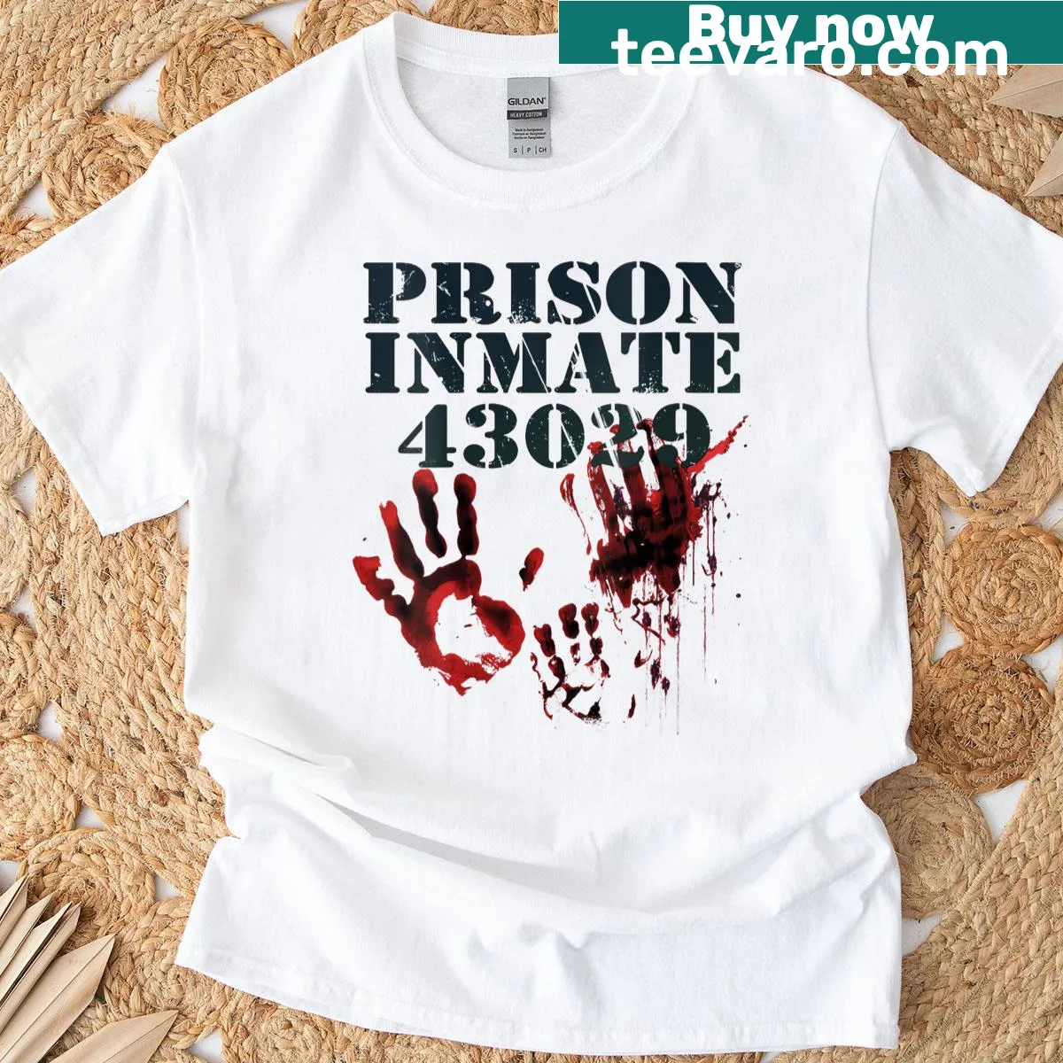 Zombie inmate Halloween t-shirt with blood splatter graphic — on a men's t-shirt
