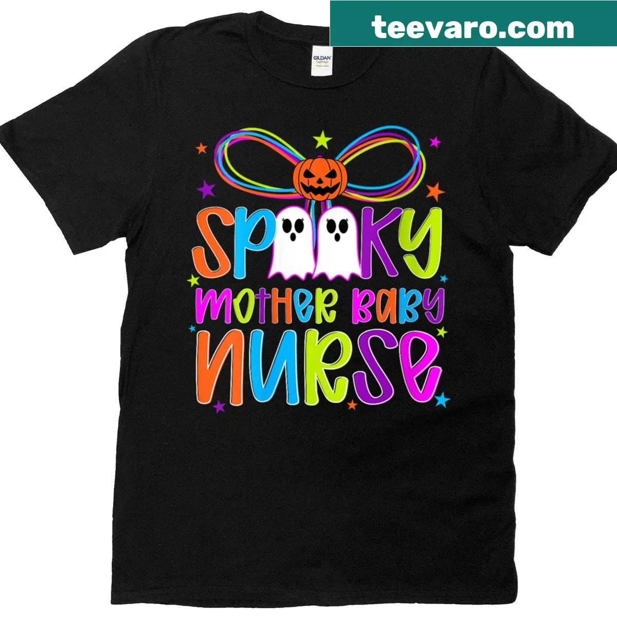 Playful Halloween-themed T-shirt for nurses featuring spooky motifs — on a men's t-shirt