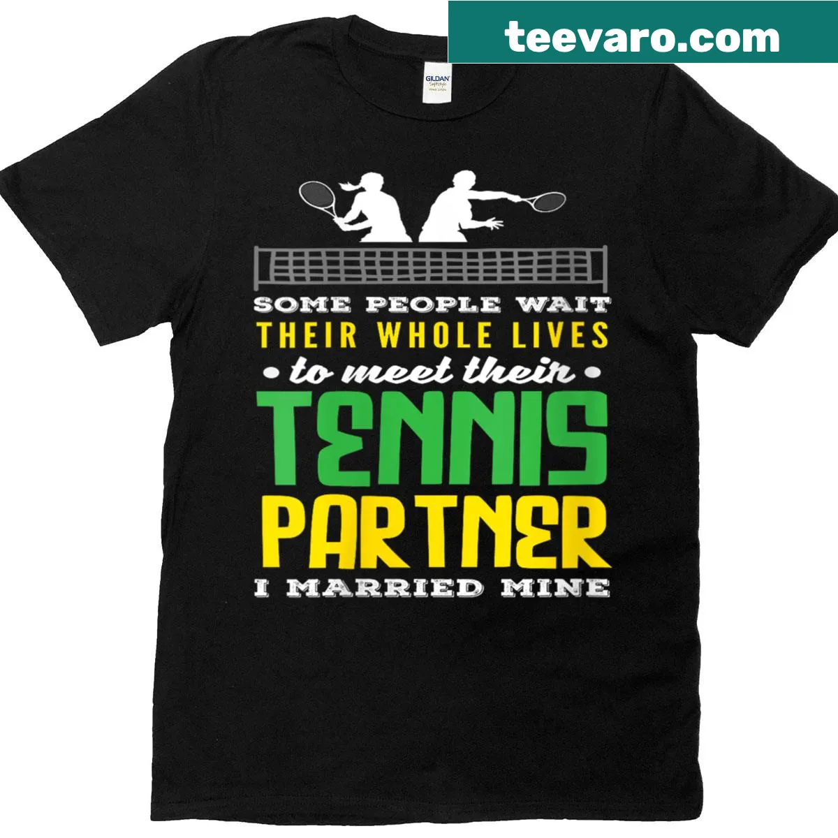 T-shirt celebrating marriage with tennis theme — on a men's t-shirt