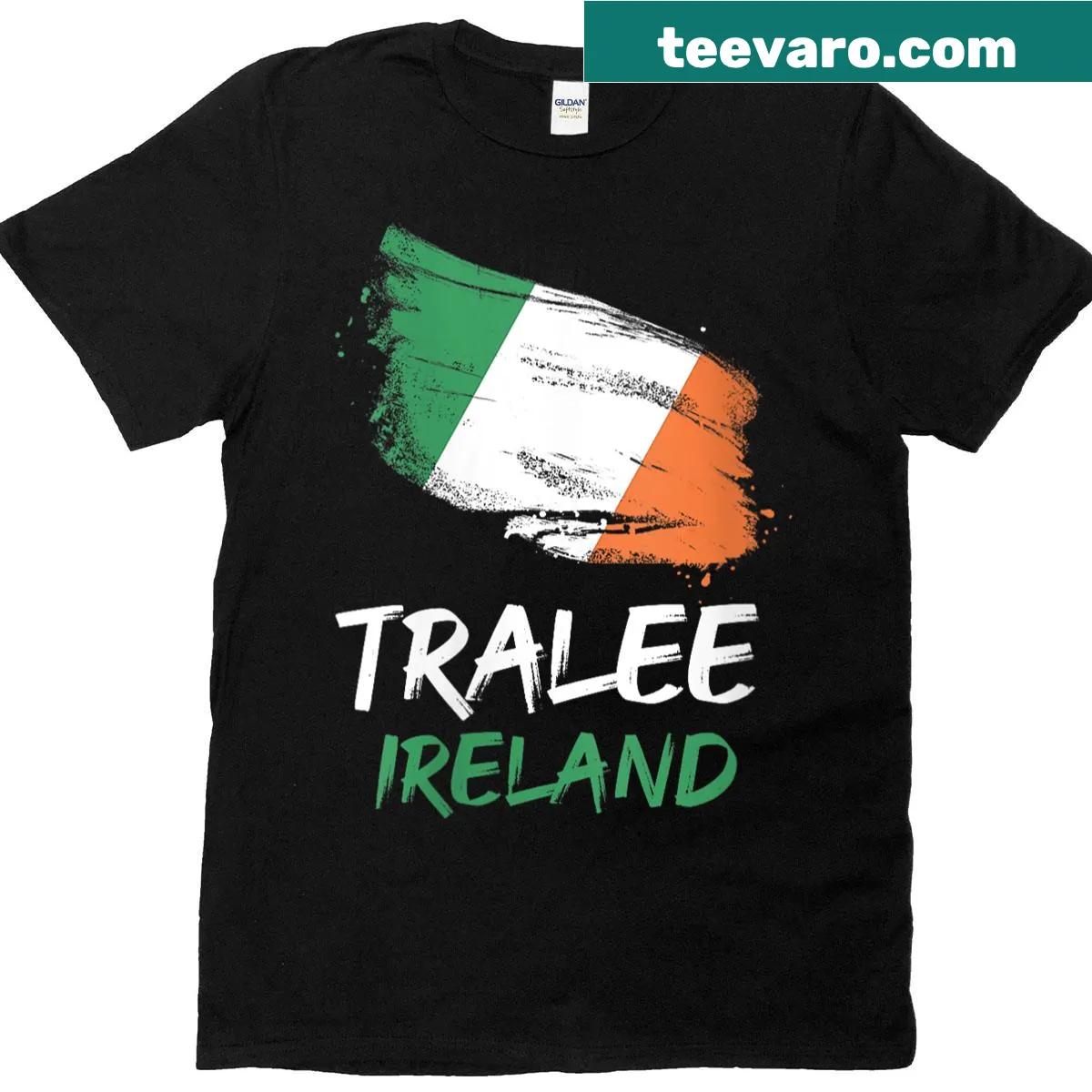 Illustrated T-shirt featuring splattered flag design of Tralee, Ireland — on a men's t-shirt