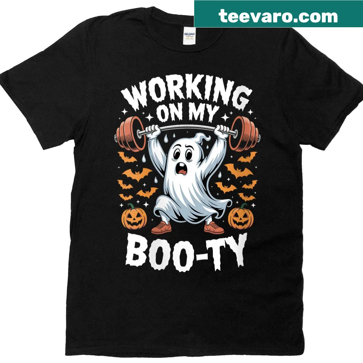 Funny Halloween-themed workout shirt with 'Working On My Boo-ty' text — on a men's t-shirt