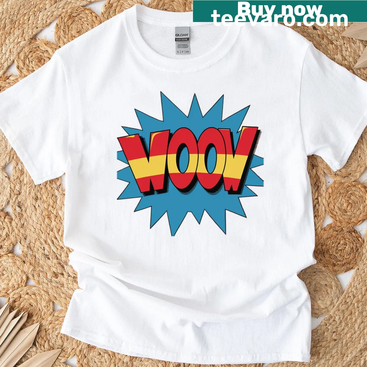 Pop art-inspired T-shirt with bold graphic expressions — on a men's t-shirt