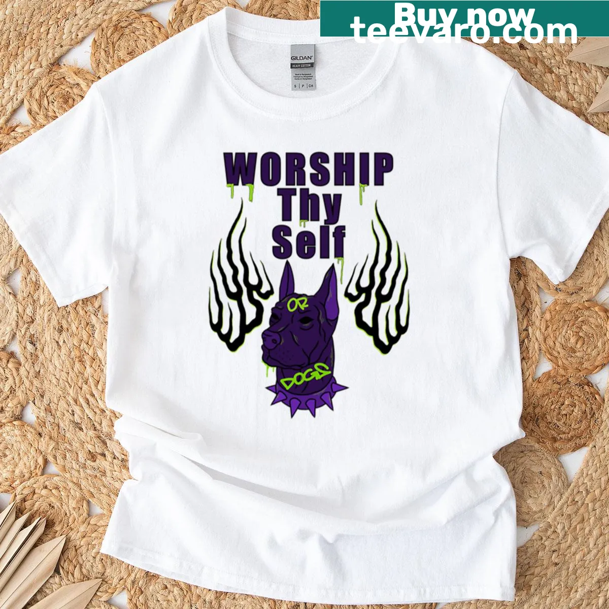T-shirt featuring the phrase 'Worship Dogs' — on a men's t-shirt